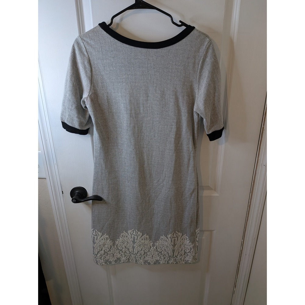 Gilli Womens Grey Micro Check Knit Shift Dress Black Trim Damask Lace Hem Small‎